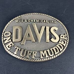 Vtg Davis Mid & Chemical Co SOLID BRASS Belt Buckle One Tuff Mudder Advertising